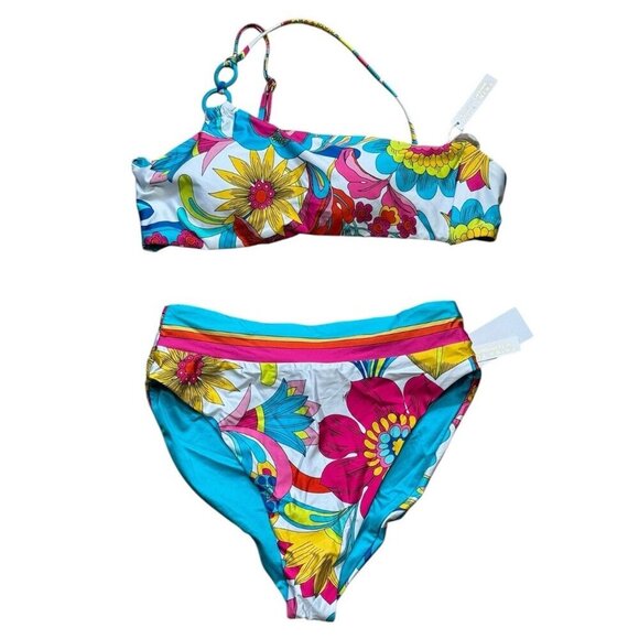 Trina Turk Sz 10 Bikini Fontaine One Shoulder Bandeau Tropical Retro Resortwear - Picture 3 of 6